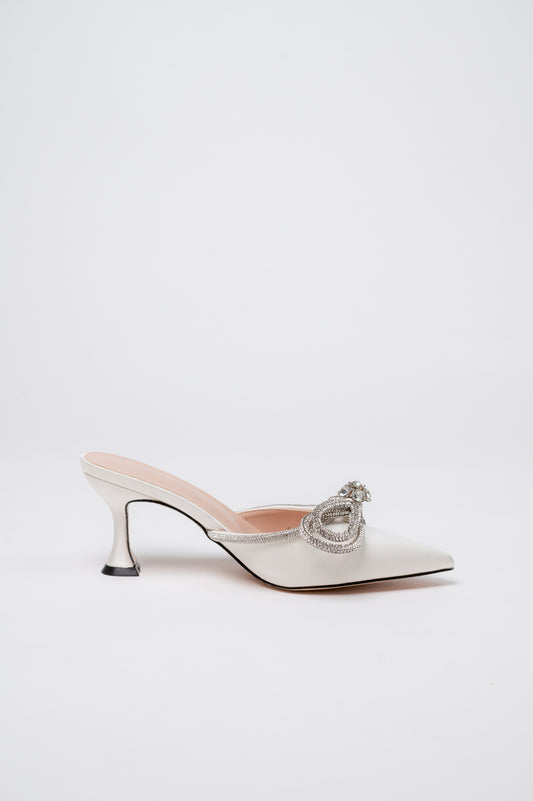 Gemini Ribbon Heeled Mules White