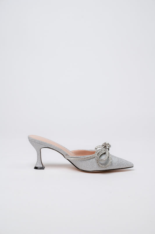 Gemini Ribbon Heeled Mules Silver