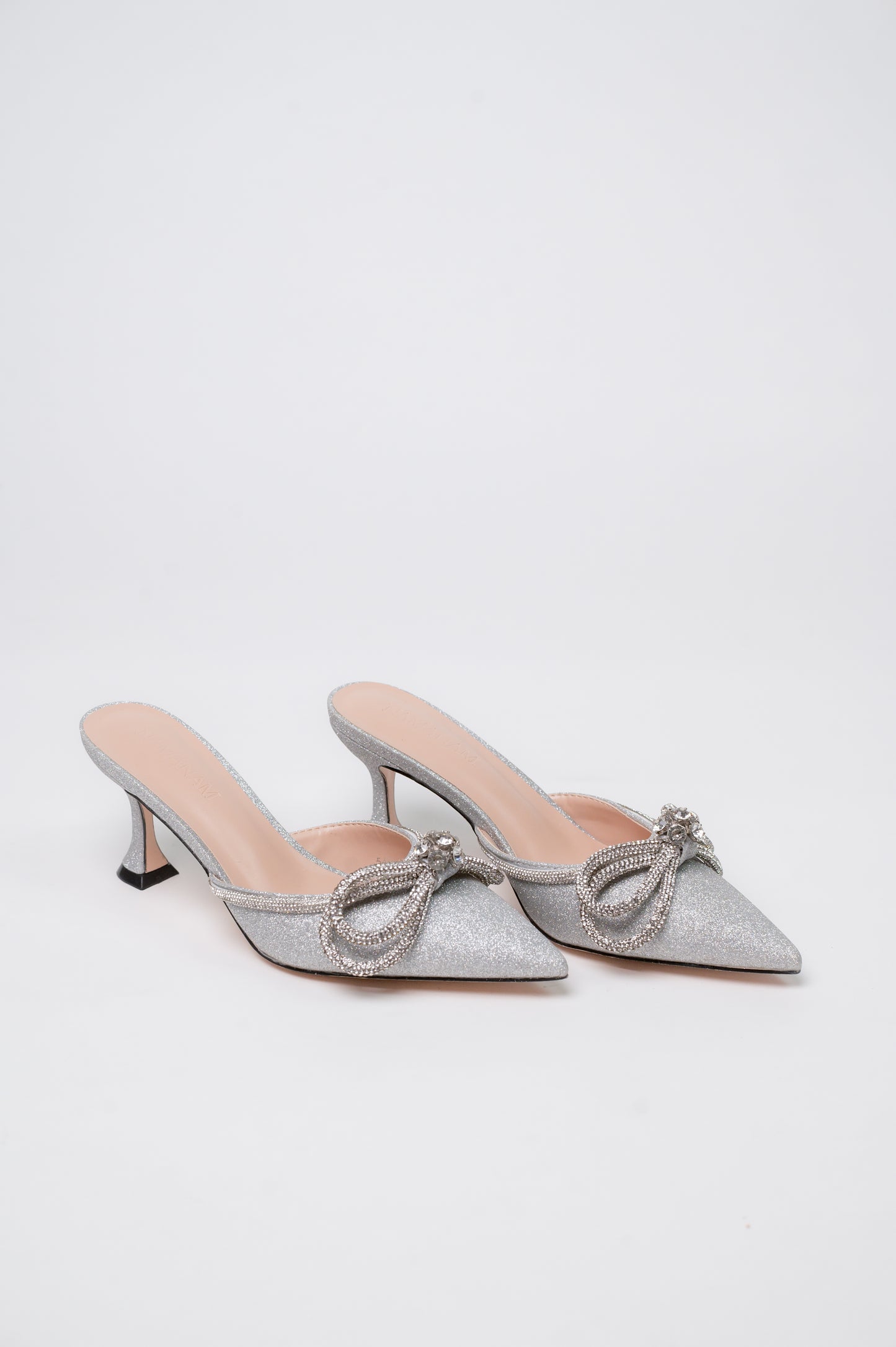 Gemini Ribbon Heeled Mules Silver