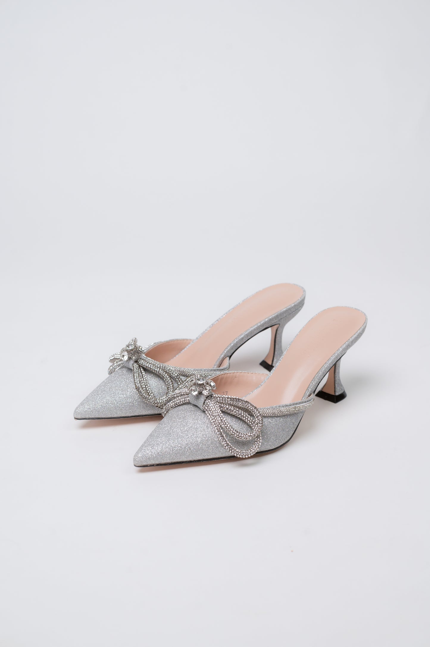 Gemini Ribbon Heeled Mules Silver