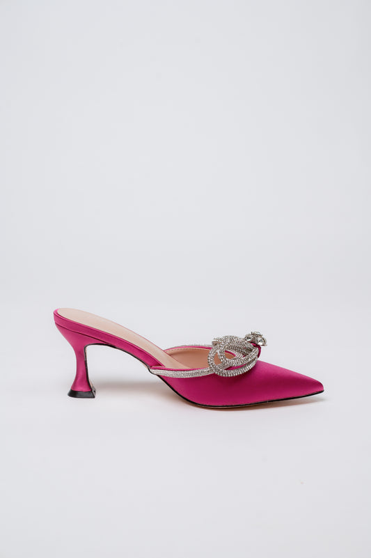 Gemini Ribbon Heeled Mules Fuschia